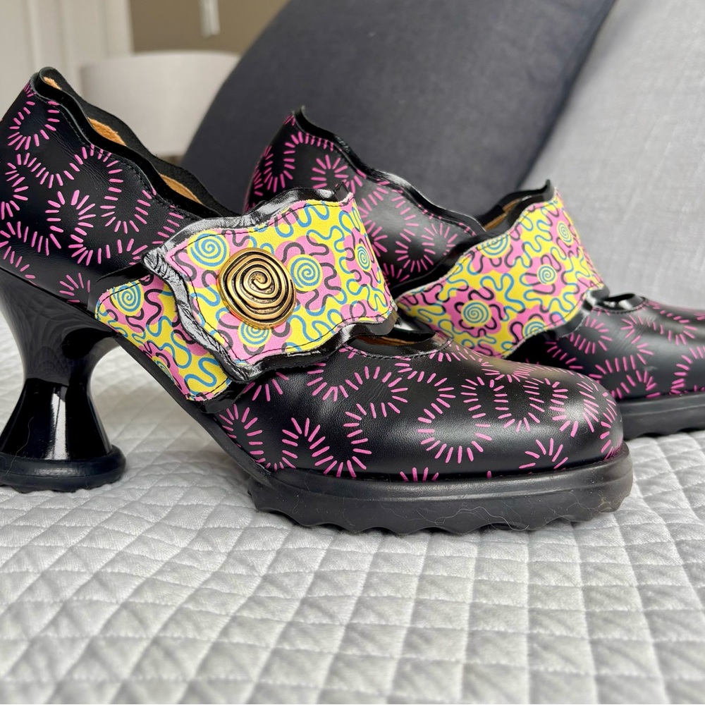 John Fluevog Black Heels with Pink and Yellow Pattern